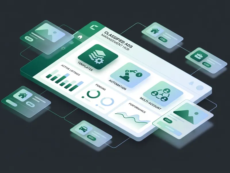 Dashboard illustration showing templates, automation, and multi-account features